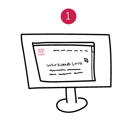 Illustration of the "Who Needs Love" list browser appearing on a computer screen