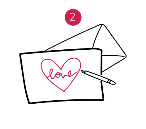 Illustration of a note of love with the words in script spelling the word "love" inside a drawing of a heart. An envelope is right behind that note along with a pen.