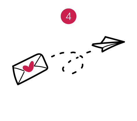 Illustration of an envelope with a heart overlaying it with a dotted line looped and directing a paper airplane - symbolizing sending the note of love on its way.